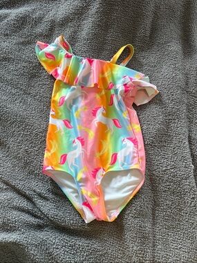Girls Unicorn One-Shoulder Ruffle Swimsuit - Rainbow Pink